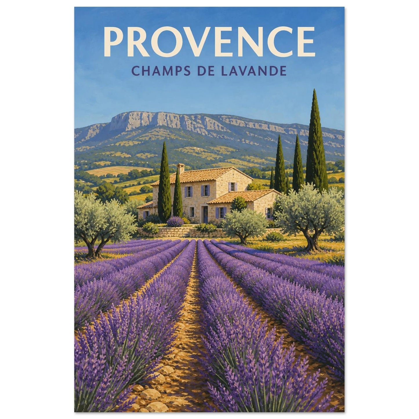 Affiche Provence – Champs de Lavande, sérigraphie illustrée verticale, format 40 × 60 cm