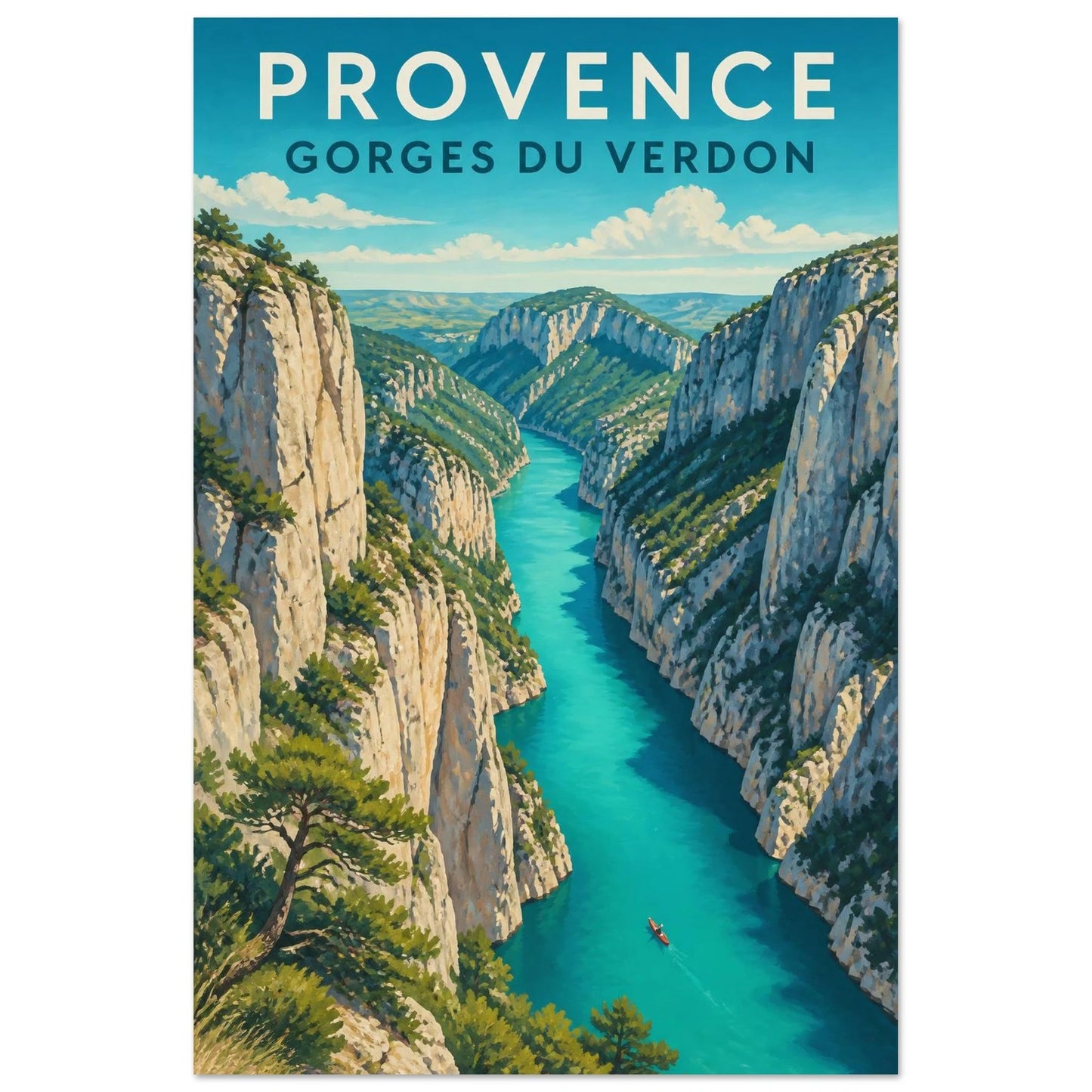 Affiche Provence – Gorges du Verdon, gouache contemporaine verticale, format 40 × 60 cm