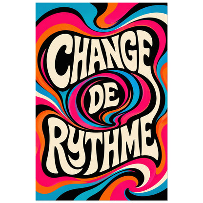 Lettrage psychédélique crème entouré de courbes orange, roses et bleues, affiche 30 × 45 cm
