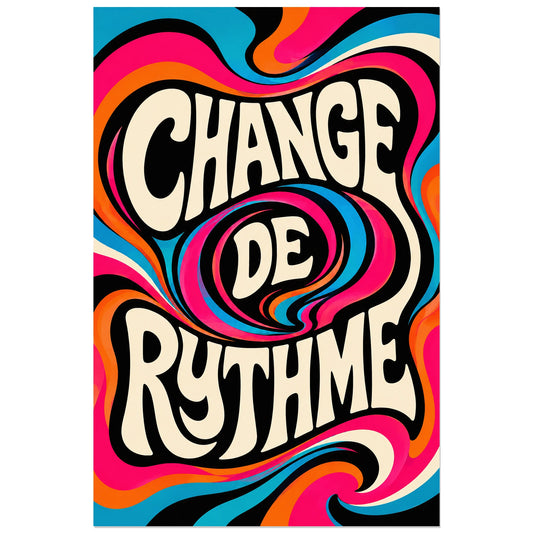 Lettrage psychédélique crème entouré de courbes orange, roses et bleues, affiche 30 × 45 cm