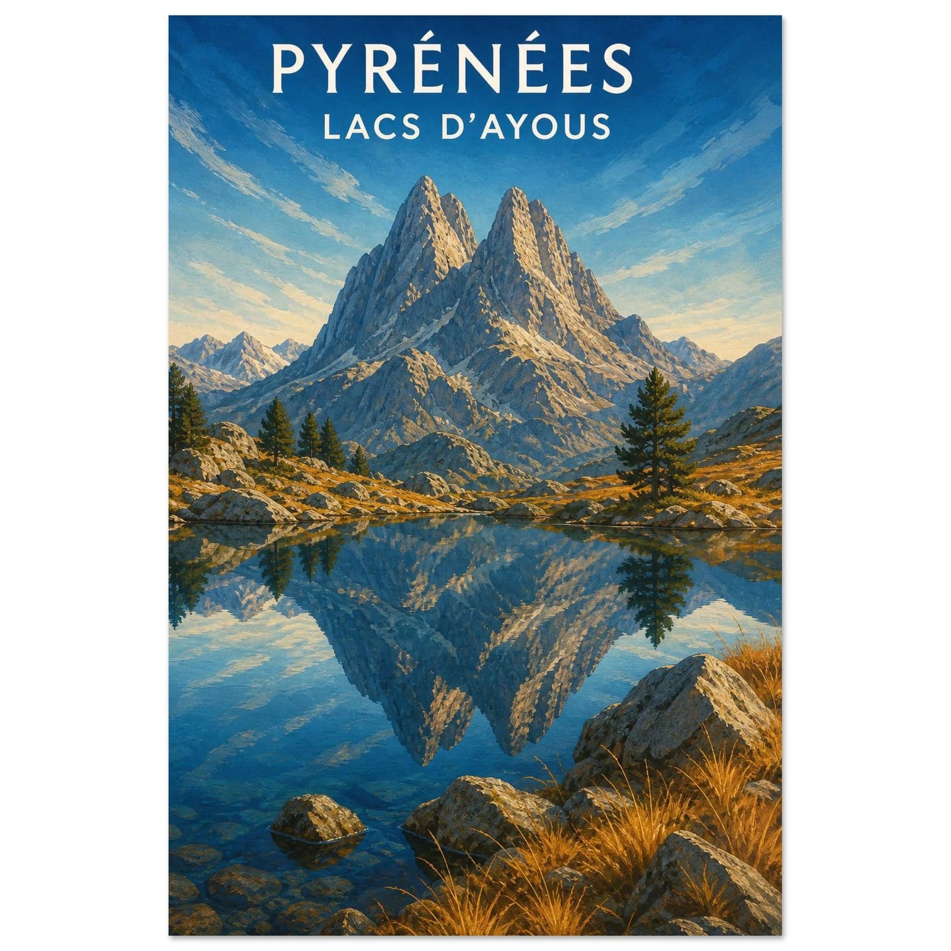 Affiche Pyrénées – Lacs d’Ayous, gouache contemporaine verticale, format 30 × 45 cm