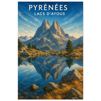 Affiche Pyrénées – Lacs d’Ayous, gouache contemporaine verticale, format 40 × 60 cm