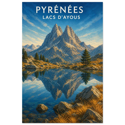 Affiche Pyrénées – Lacs d’Ayous, gouache contemporaine verticale, format 60 × 90 cm