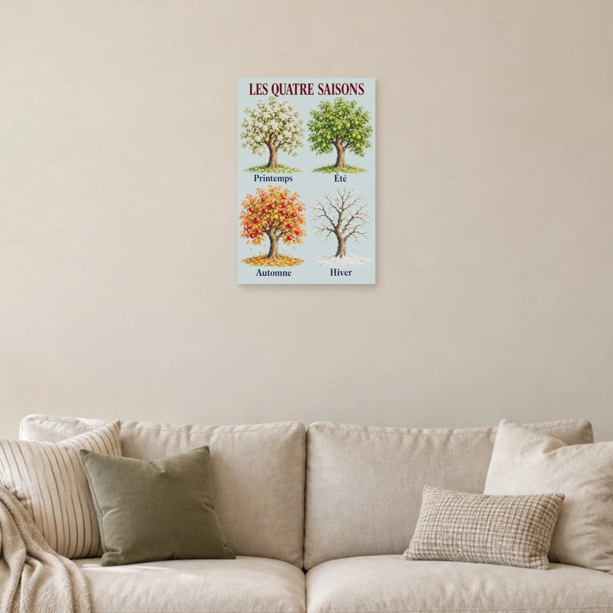 Affiche Quatre saisons - Le pommier au fil du temps dans un salon - Art Virtuoso