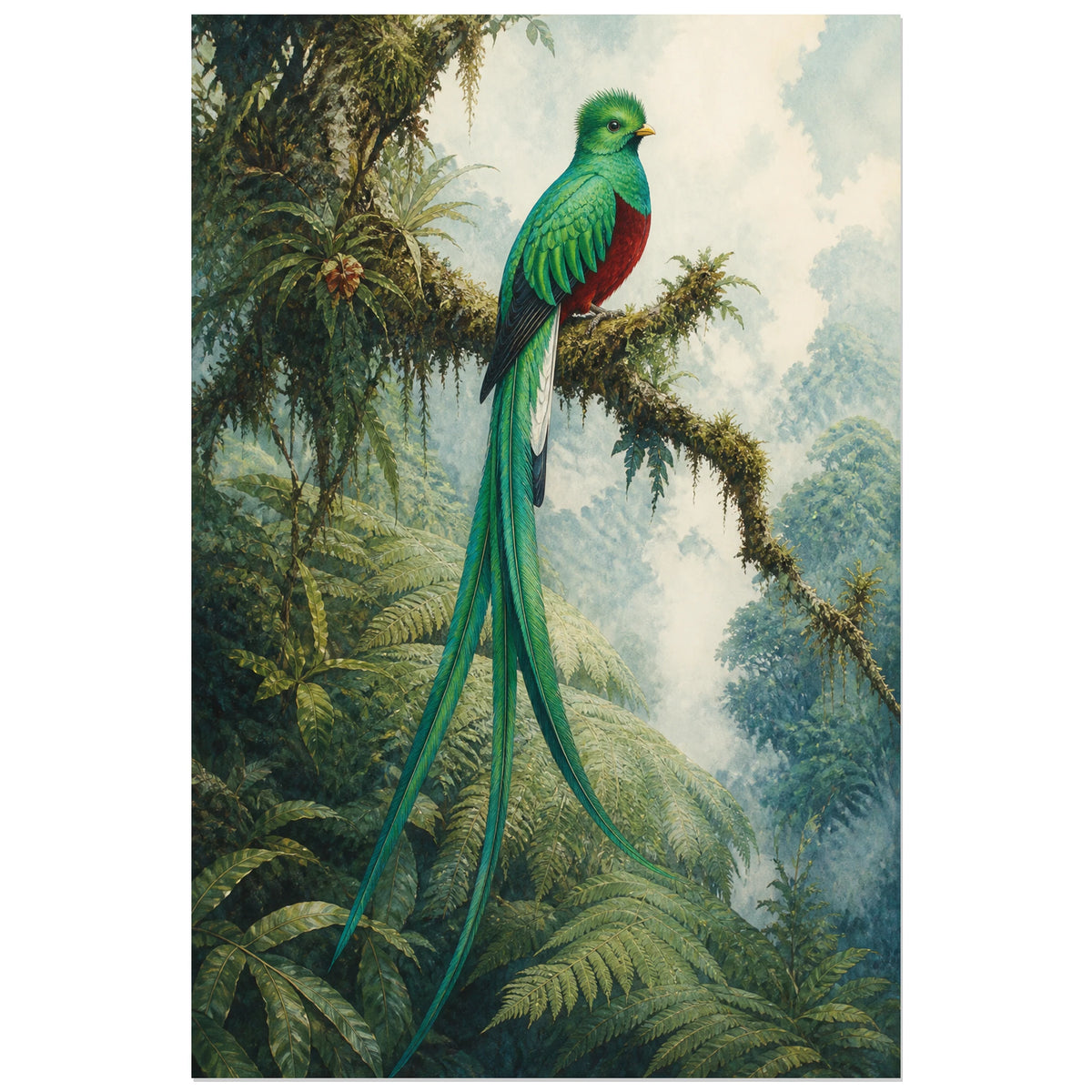 Affiche Quetzal de la forêt des nuages, illustration naturaliste poétique à l’aspect de gouache ancienne verticale, format 30 × 45 cm