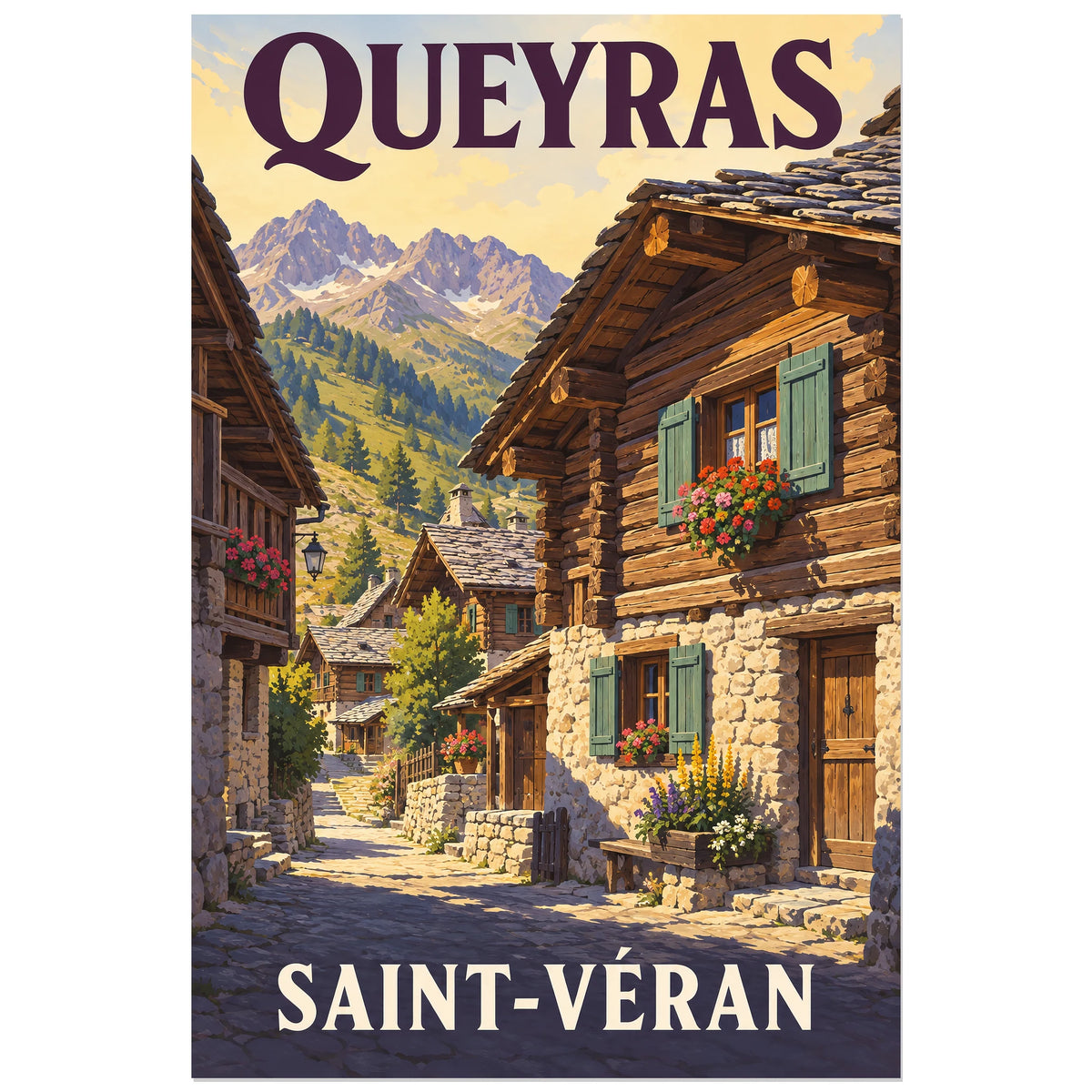 Affiche Queyras – Saint-Véran, illustration peinte / affiche touristique néo-vintage verticale, format 40 × 60 cm