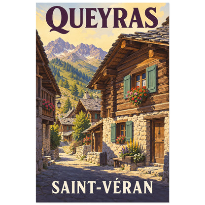 Affiche Queyras – Saint-Véran, illustration peinte / affiche touristique néo-vintage verticale, format 60 × 90 cm