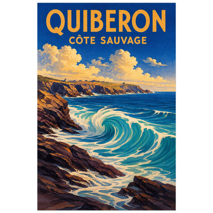Grande vague turquoise illustrée à Quiberon, affiche 60 × 90 cm
