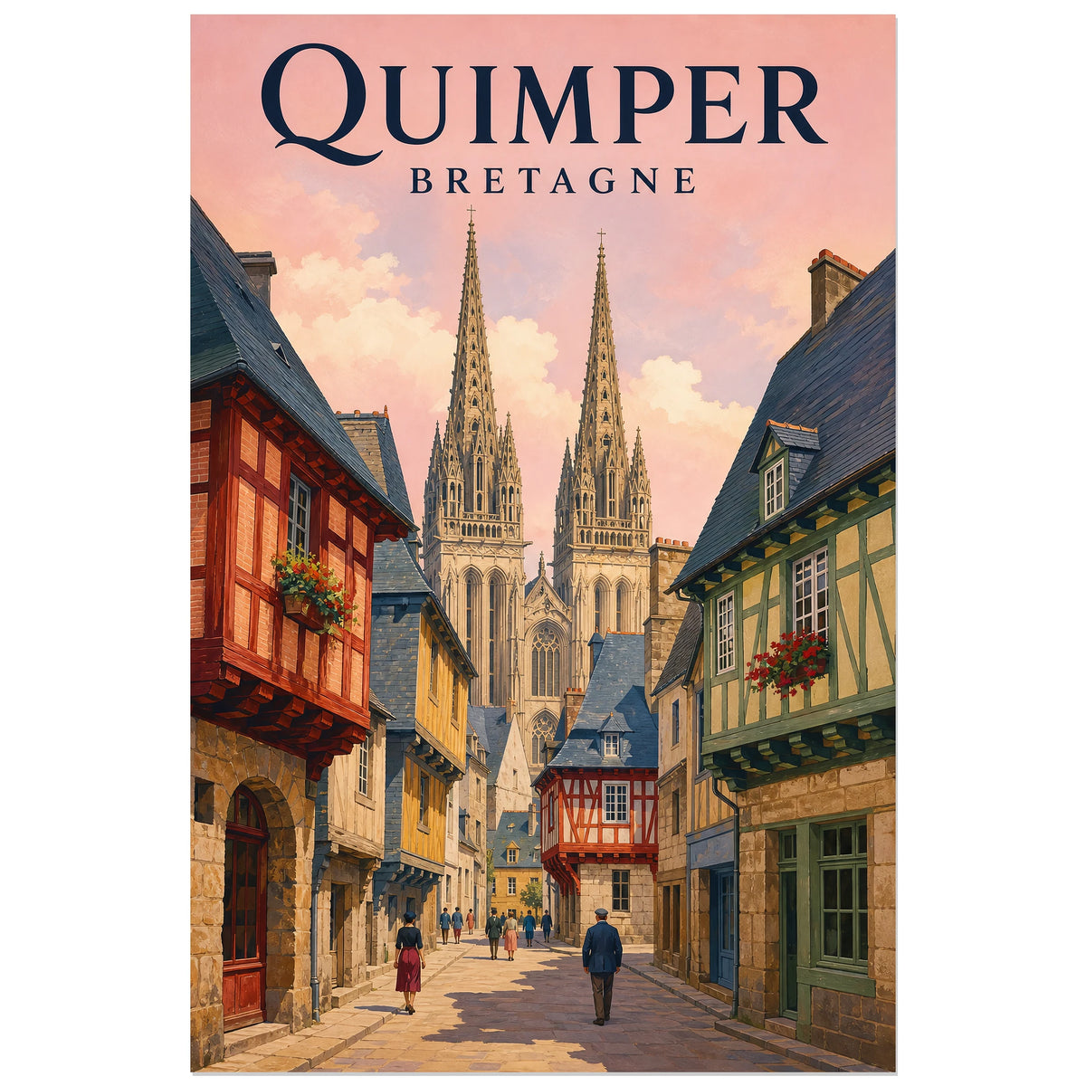 Rue Kéréon pavée et façades à pans de bois, affiche Quimper 30 × 45 cm