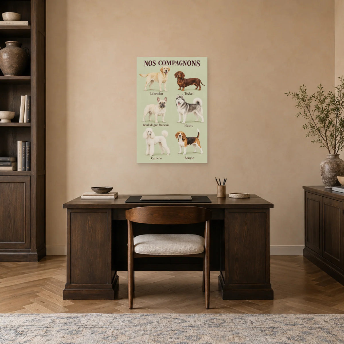 Affiche Races de chiens - Six compagnons dans un bureau - Art Virtuoso