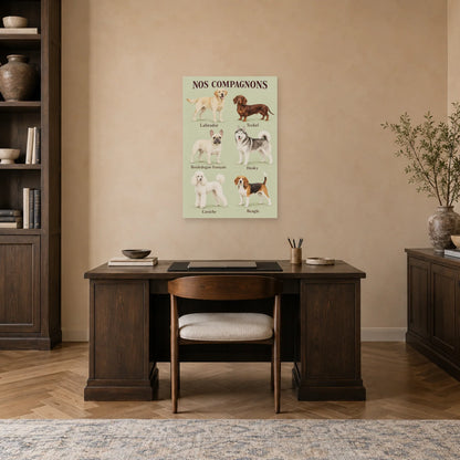 Affiche Races de chiens - Six compagnons dans un bureau - Art Virtuoso