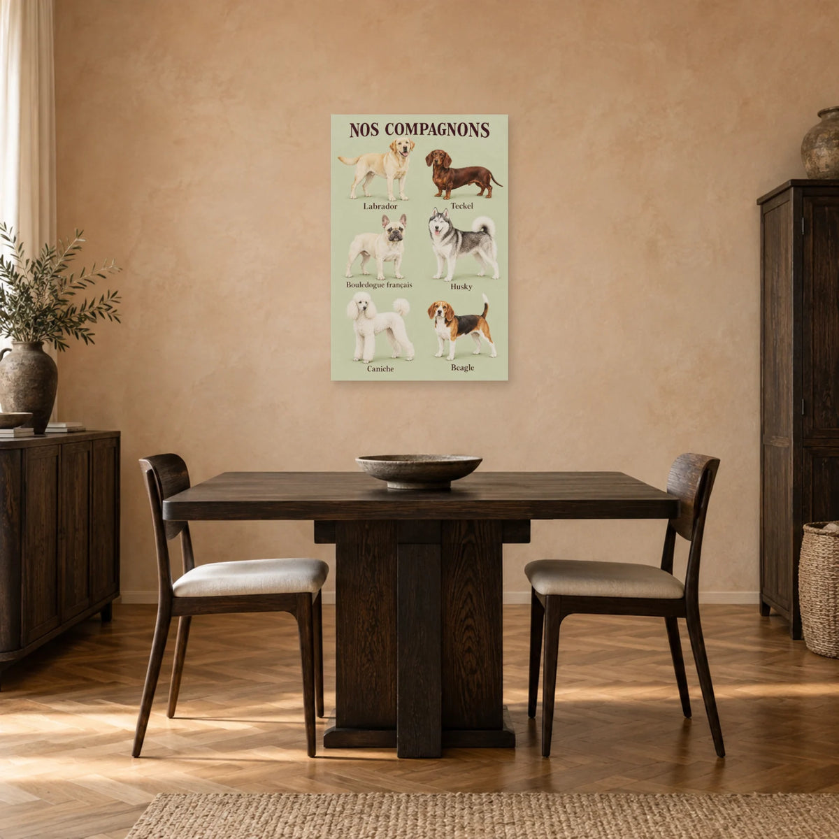 Affiche Races de chiens - Six compagnons dans une salle à manger - Art Virtuoso