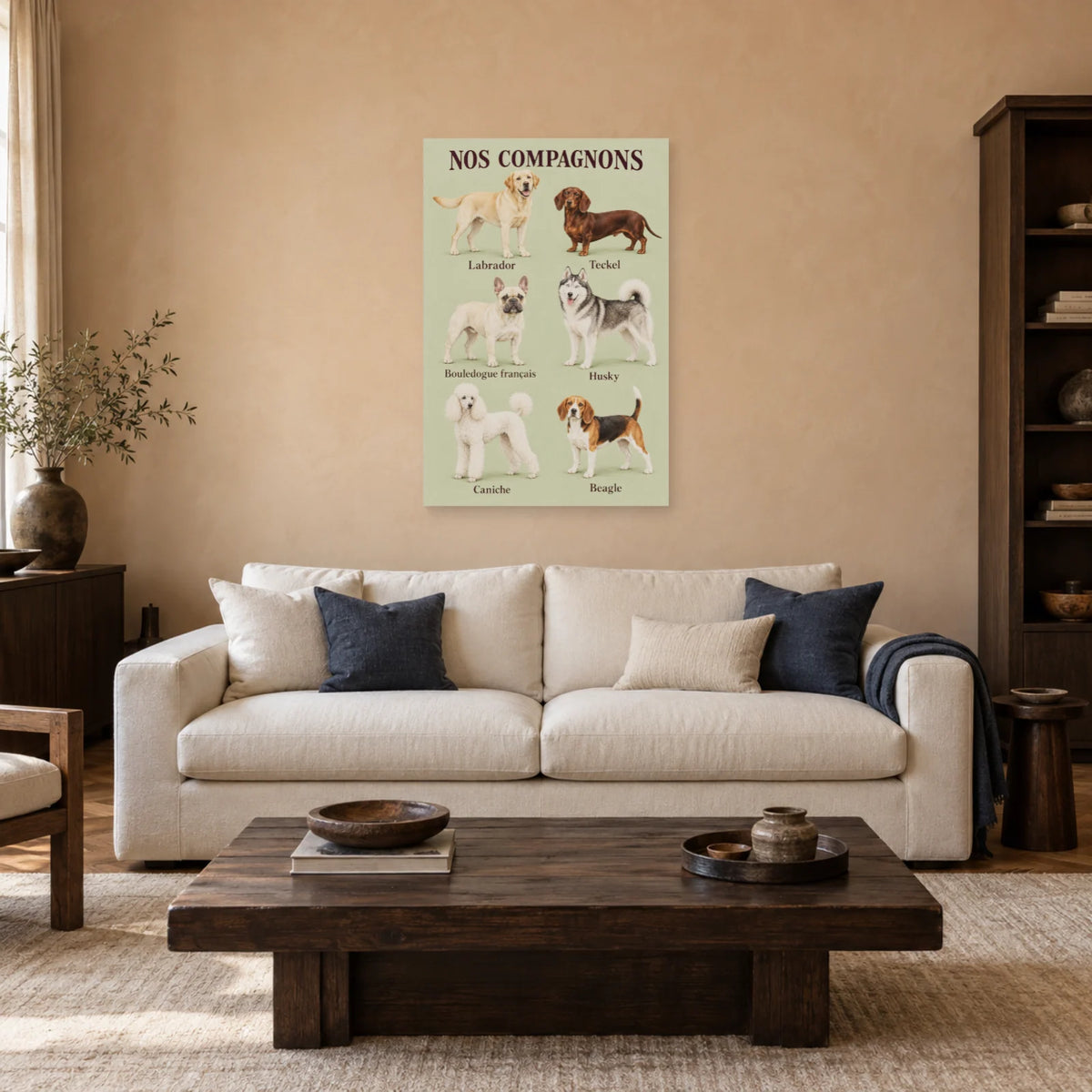 Affiche Races de chiens - Six compagnons dans un salon - Art Virtuoso