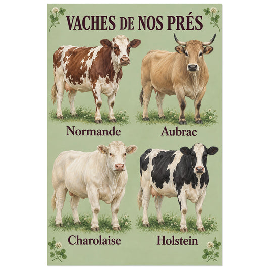 Affiche Races de vaches – Quatre portraits, planche naturaliste illustrée / peinture figurative verticale, format 30 × 45 cm