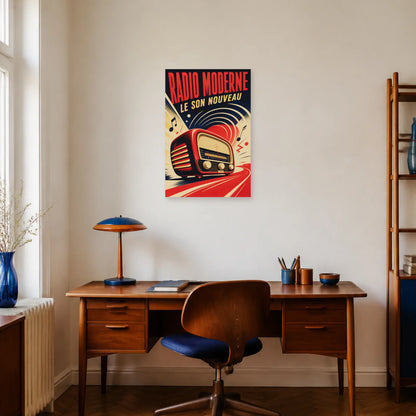 Affiche Radio Moderne – Le Son Nouveau dans un bureau - Art Virtuoso