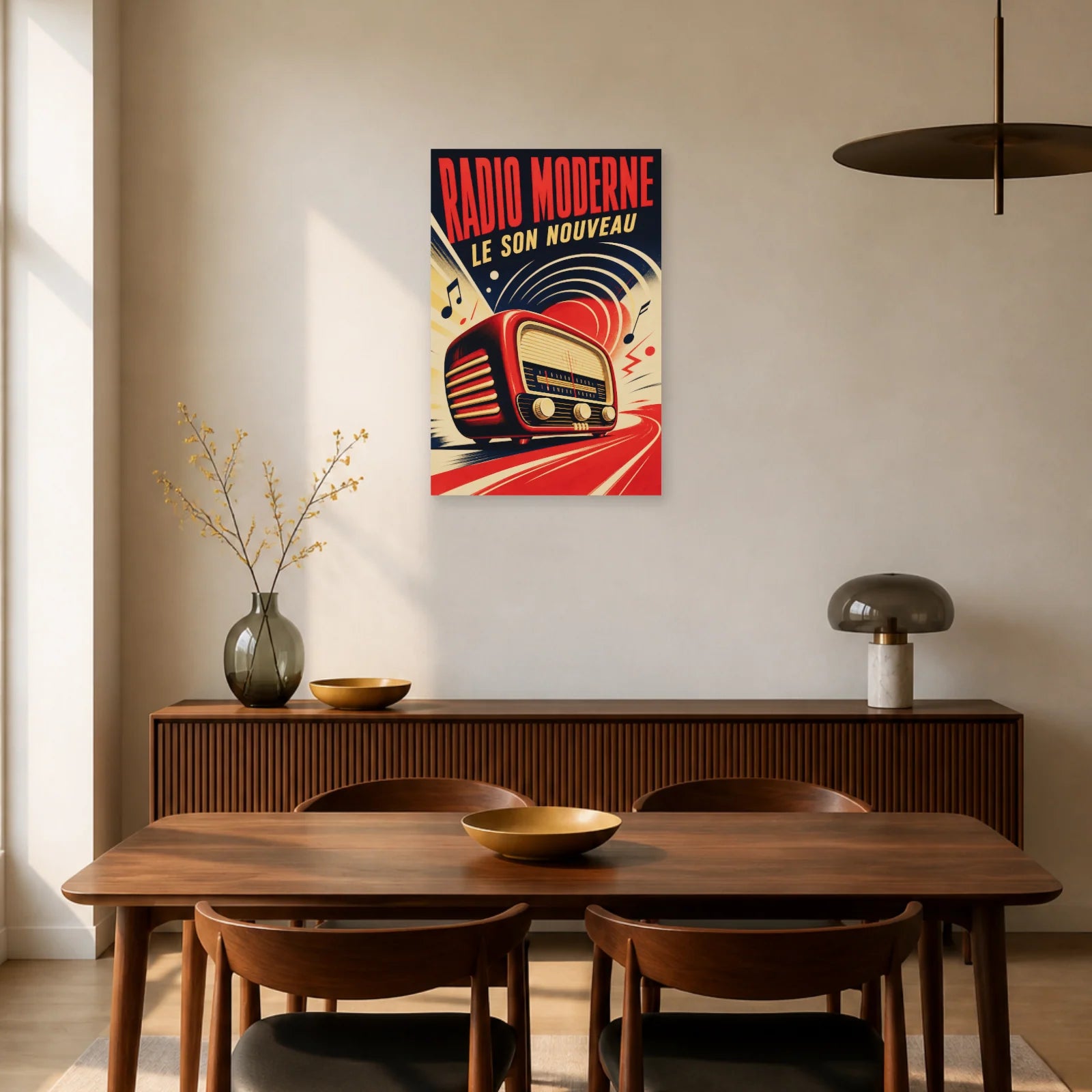 Affiche Radio Moderne – Le Son Nouveau dans une salle à manger - Art Virtuoso