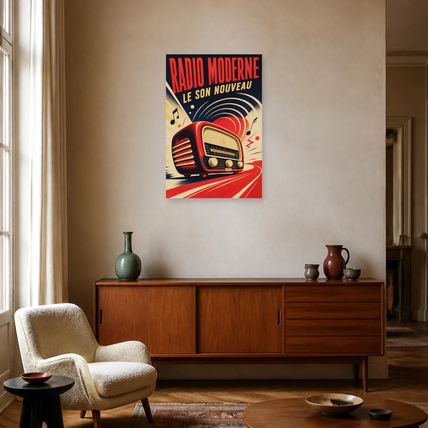 Affiche Radio Moderne – Le Son Nouveau dans un salon - Art Virtuoso