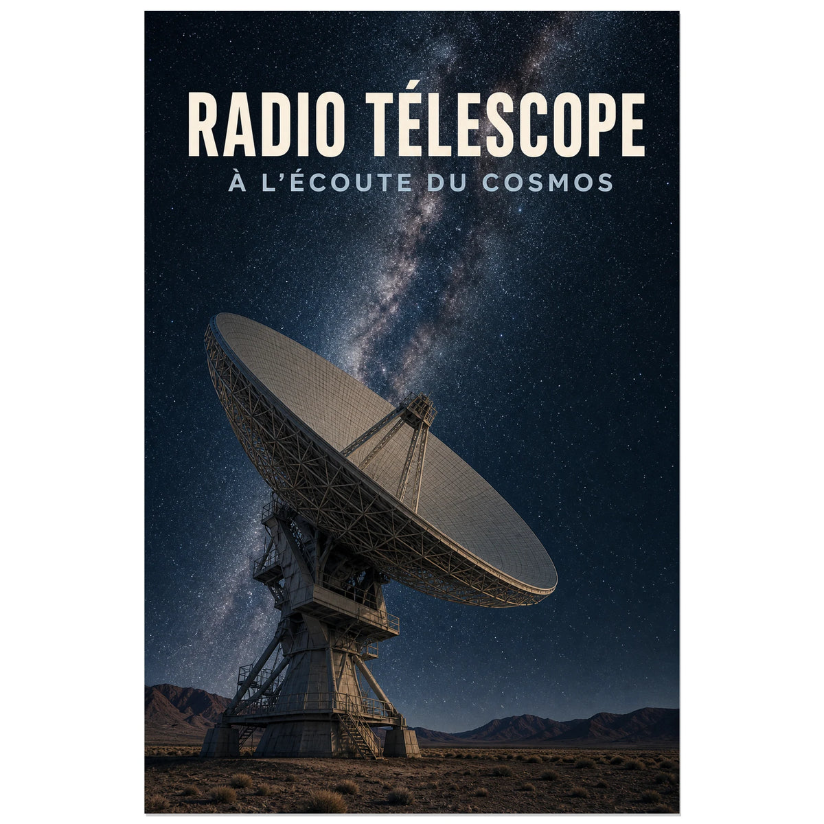 Affiche Radio télescope – À l'écoute du cosmos, photographie scientifique nocturne verticale, format 30 × 45 cm