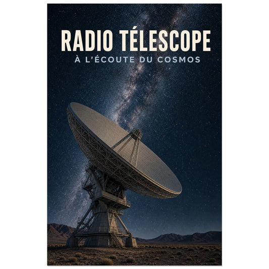 Affiche Radio télescope – À l'écoute du cosmos, photographie scientifique nocturne verticale, format 30 × 45 cm