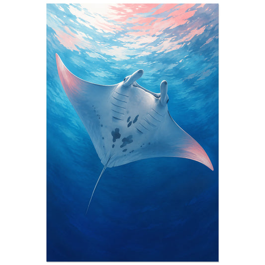 Affiche Raie manta – Le vol silencieux, peinture naturaliste / illustration sous-marine verticale, format 30 × 45 cm