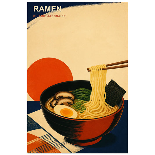 Affiche Ramen – Cuisine Japonaise, sérigraphie culinaire moderniste aux références japonaises verticale, format 30 × 45 cm