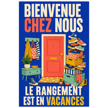 Affiche Le rangement est en vacances, affiche mid-century humoristique à scène d'entrée verticale, format 60 × 90 cm