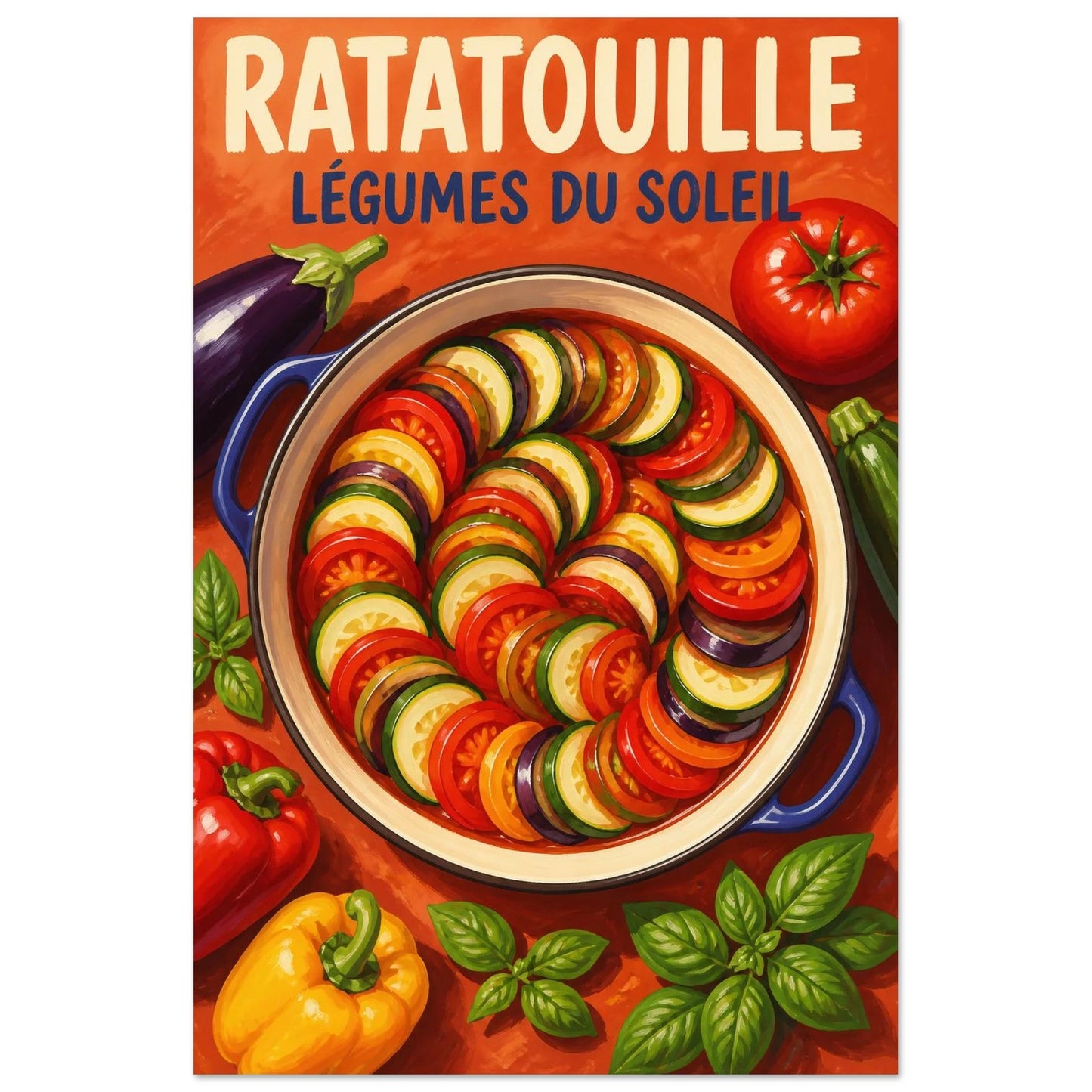 Affiche Ratatouille – Légumes du Soleil, gouache contemporaine verticale, format 30 × 45 cm