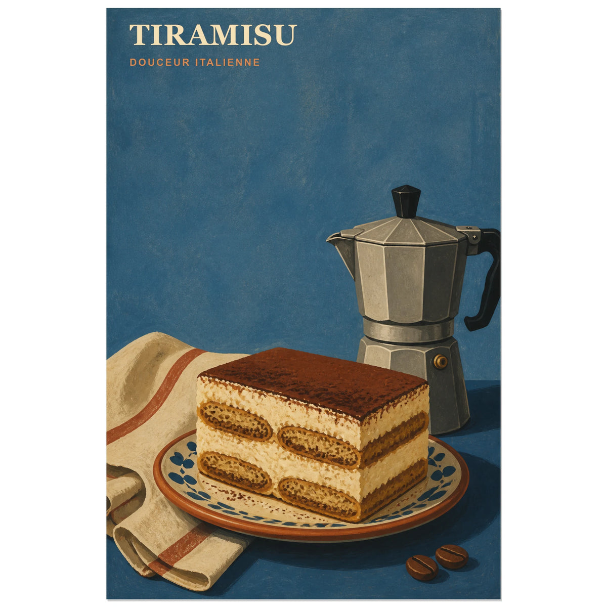 Affiche Tiramisu – Douceur Italienne, illustration culinaire vintage à la gouache mate verticale, format 40 × 60 cm