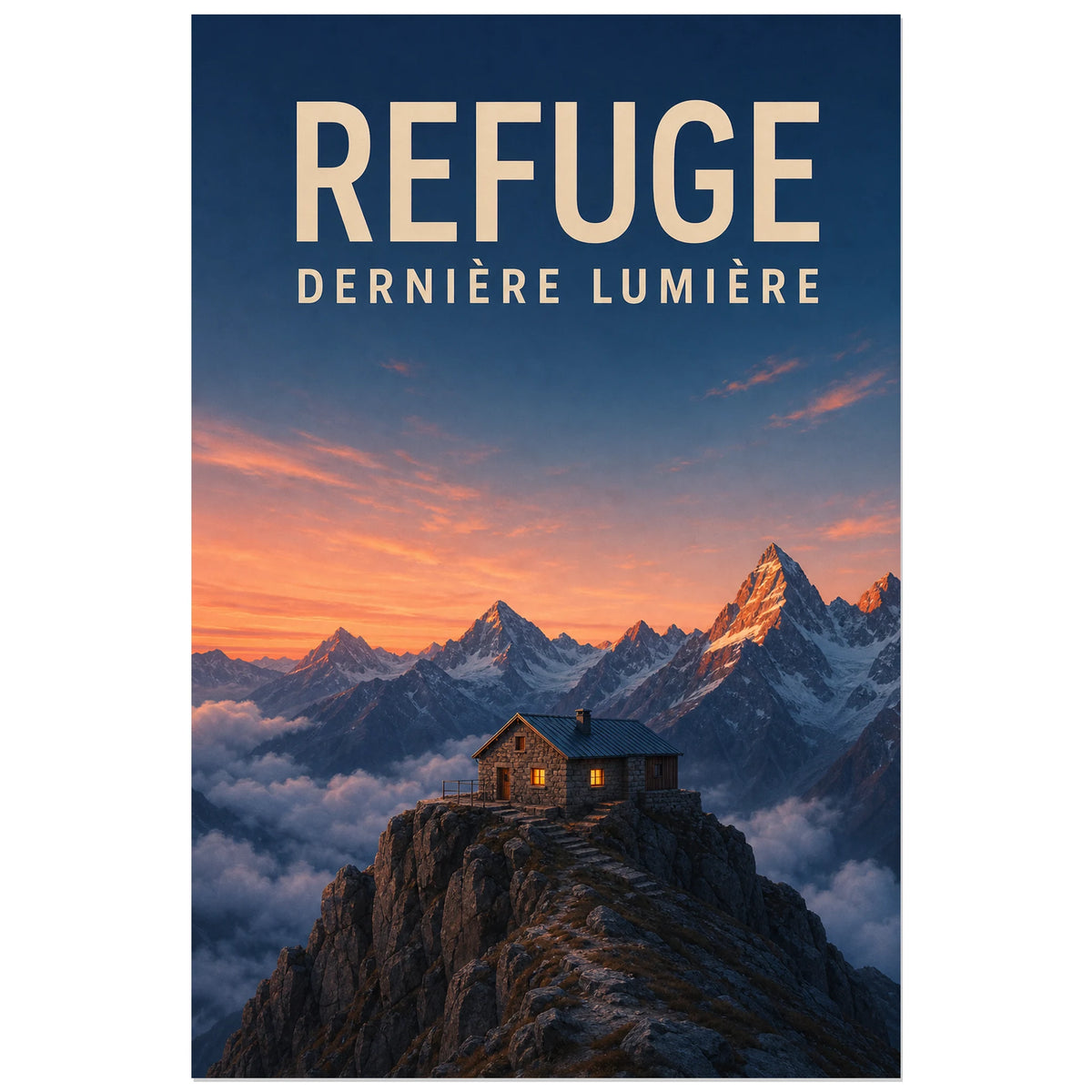 Affiche Refuge – Dernière lumière, illustration alpine réaliste à lumière cinématographique verticale, format 60 × 90 cm