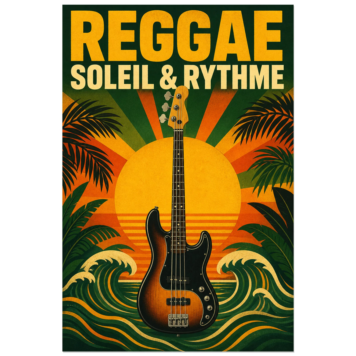 Affiche Reggae - Soleil et rythme, affiche musicale tropicale vintage verticale, format 60 × 90 cm