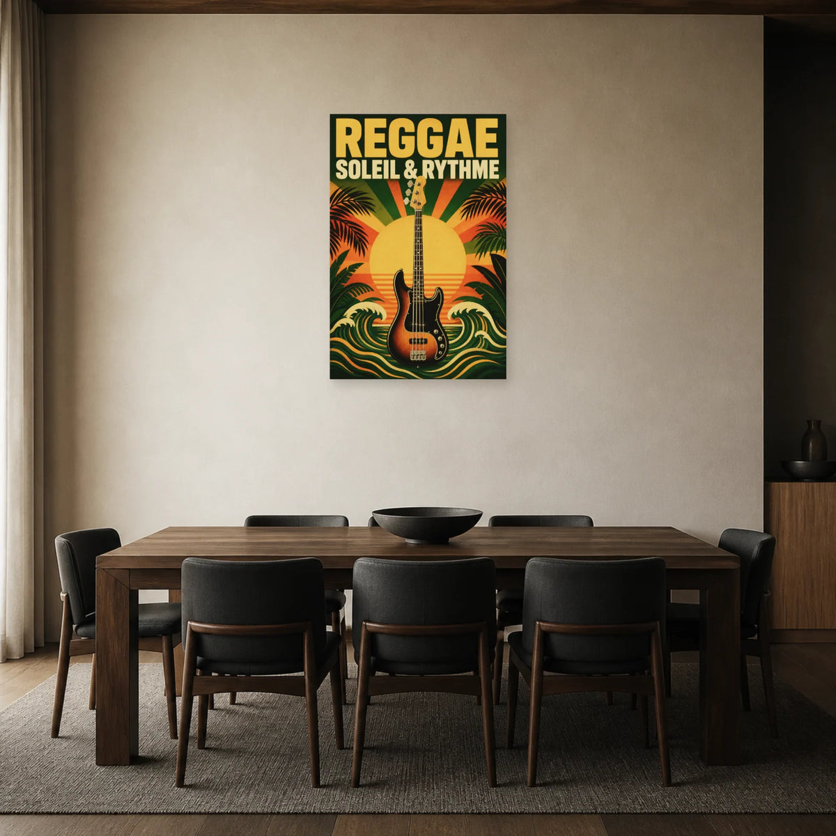 Affiche Reggae - Soleil et rythme dans une salle à manger - Art Virtuoso