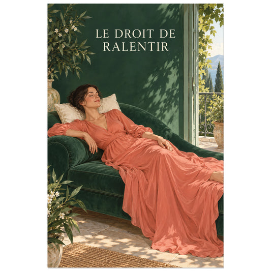 Femme au repos sur canapé vert et robe corail, visuel vertical 30 × 45 cm