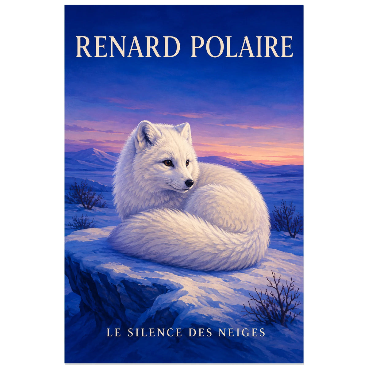 Affiche Renard polaire, le silence des neiges, illustration naturaliste peinte à typographie intégrée verticale, format 60 × 90 cm