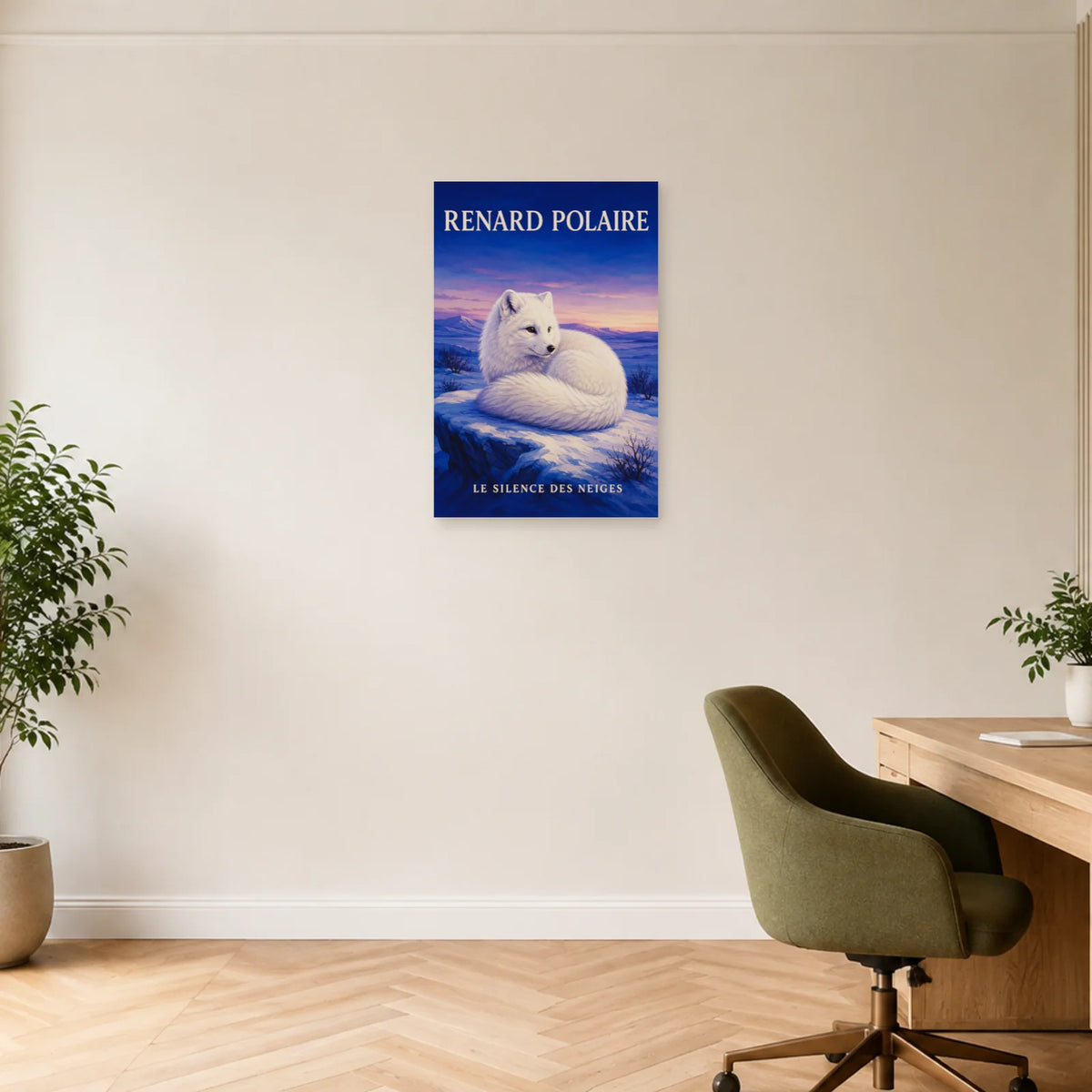 Affiche Renard polaire, le silence des neiges dans un bureau - Art Virtuoso