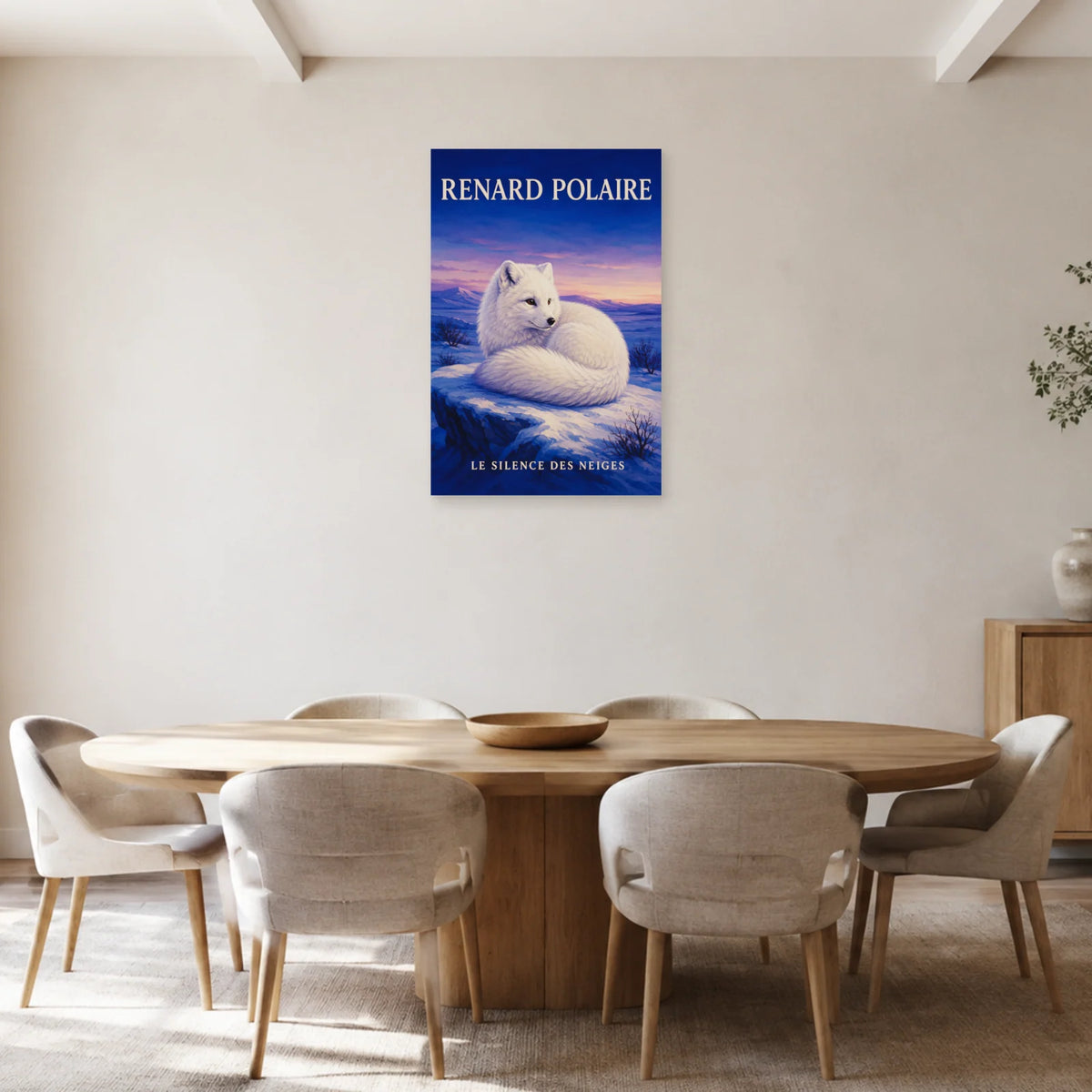 Affiche Renard polaire, le silence des neiges dans une salle à manger - Art Virtuoso