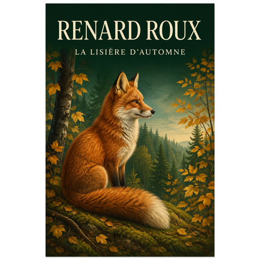 Affiche Renard roux, la lisière d’automne, illustration naturaliste peinte à typographie intégrée verticale, format 30 × 45 cm