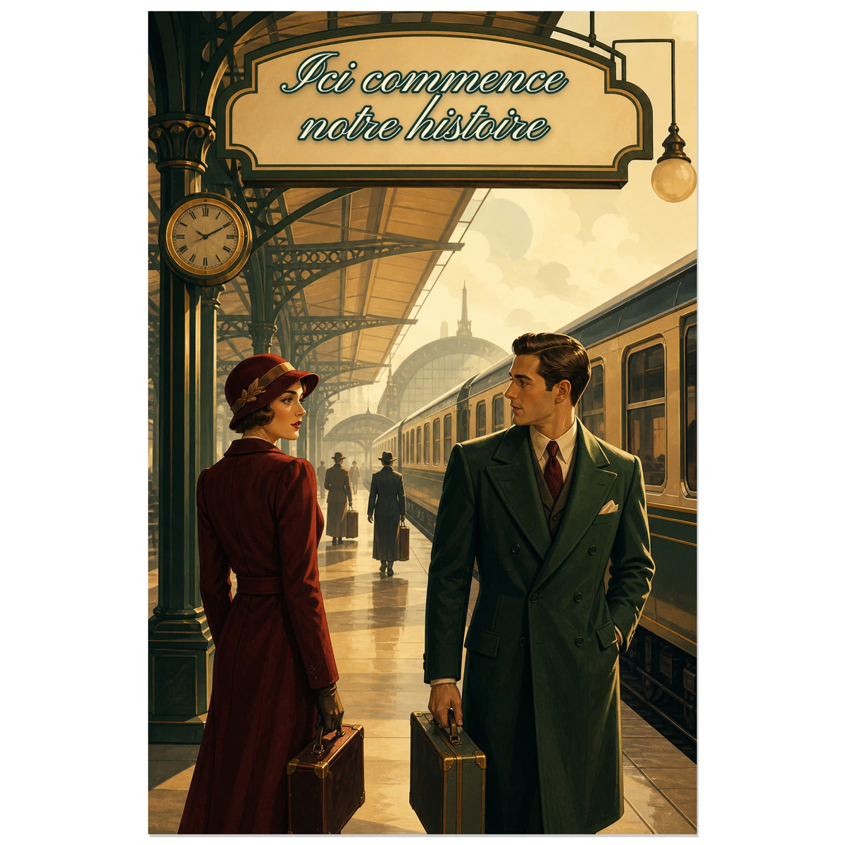 Affiche Ici commence notre histoire - Rencontre, affiche narrative de voyage aux lignes art déco verticale, format 40 × 60 cm