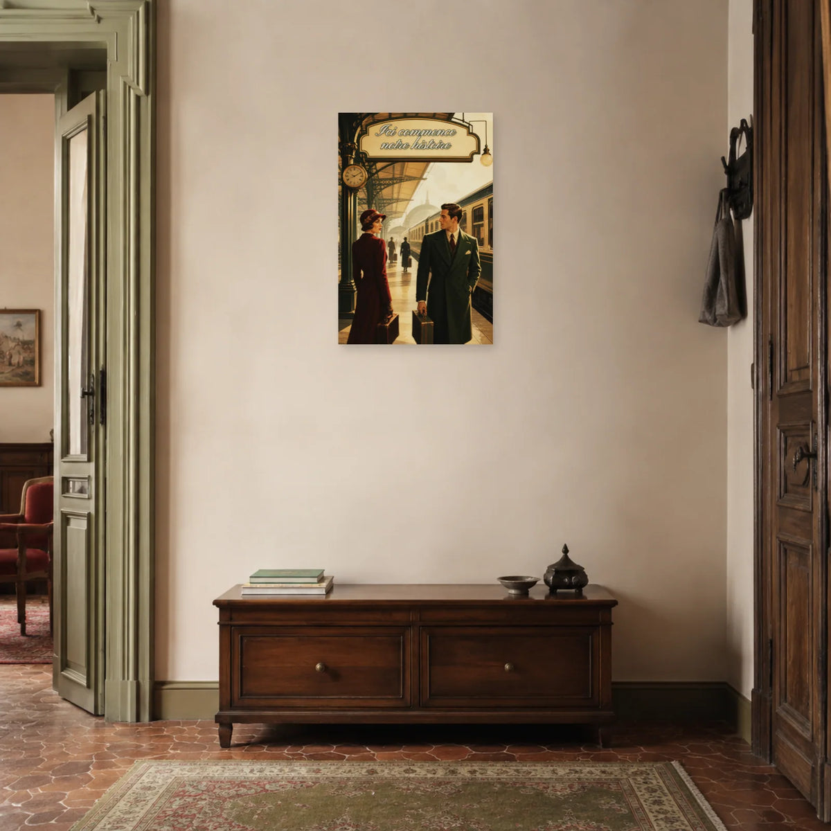 Affiche Ici commence notre histoire - Rencontre dans une entrée ou un couloir - Art Virtuoso