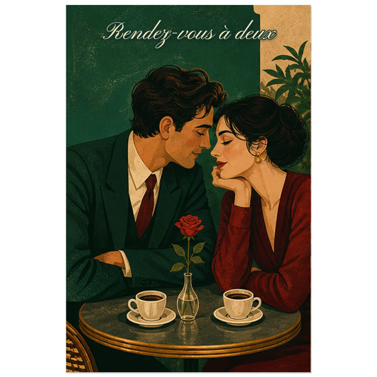 Affiche Rendez-vous au café - Romance vintage, illustration de romance au café inspirée du milieu du xxe siècle verticale, format 30 × 45 cm
