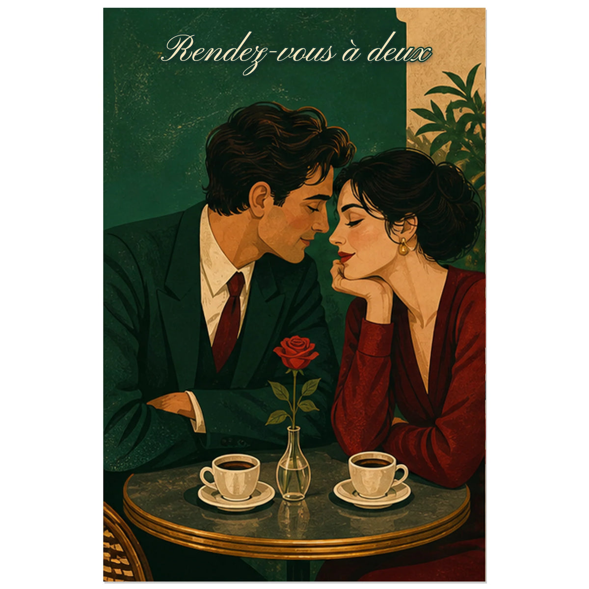 Affiche Rendez-vous au café - Romance vintage, illustration de romance au café inspirée du milieu du xxe siècle verticale, format 60 × 90 cm