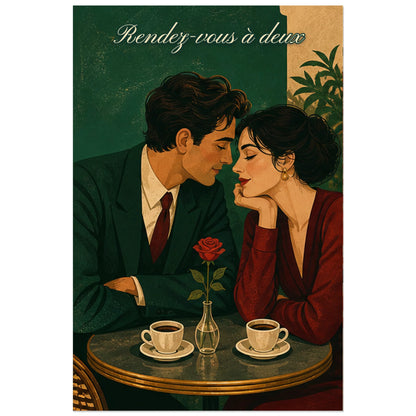 Affiche Rendez-vous au café - Romance vintage, illustration de romance au café inspirée du milieu du xxe siècle verticale, format 60 × 90 cm