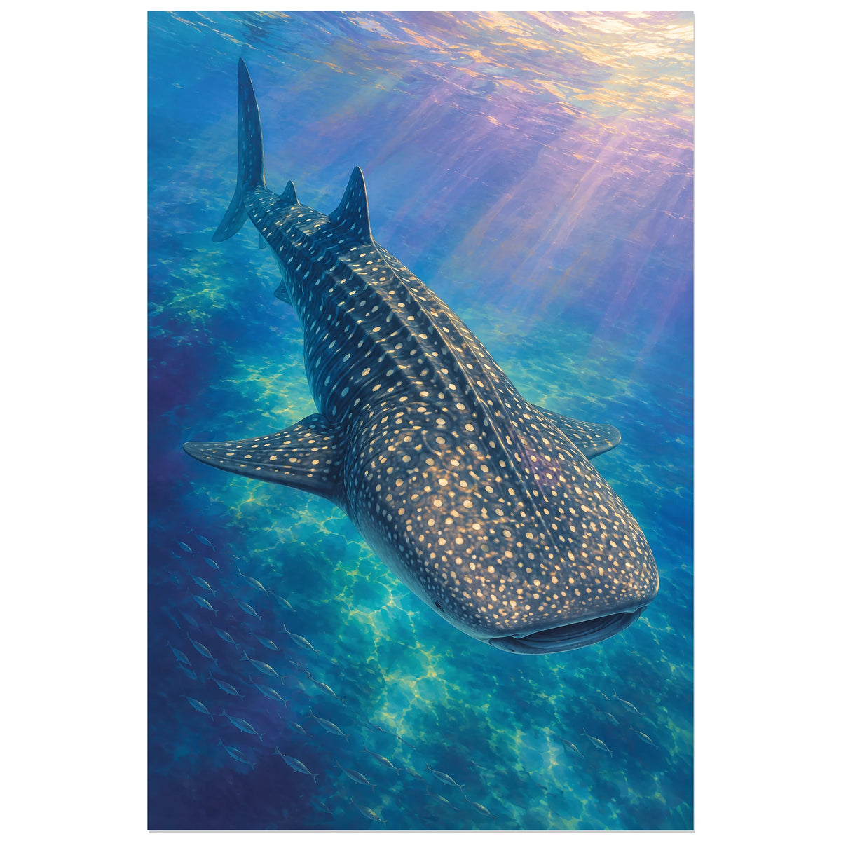 Affiche Requin-baleine – Sous la lumière, peinture naturaliste / illustration sous-marine verticale, format 40 × 60 cm