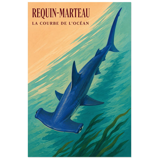 Affiche Requin-marteau – La courbe de l’océan, gouache graphique / affiche rétro verticale, format 30 × 45 cm
