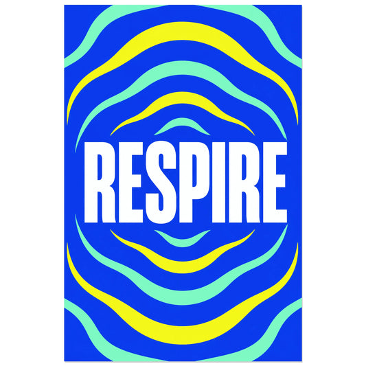 Affiche Respire – Ondes cobalt, graphisme typographique organique verticale, format 30 × 45 cm