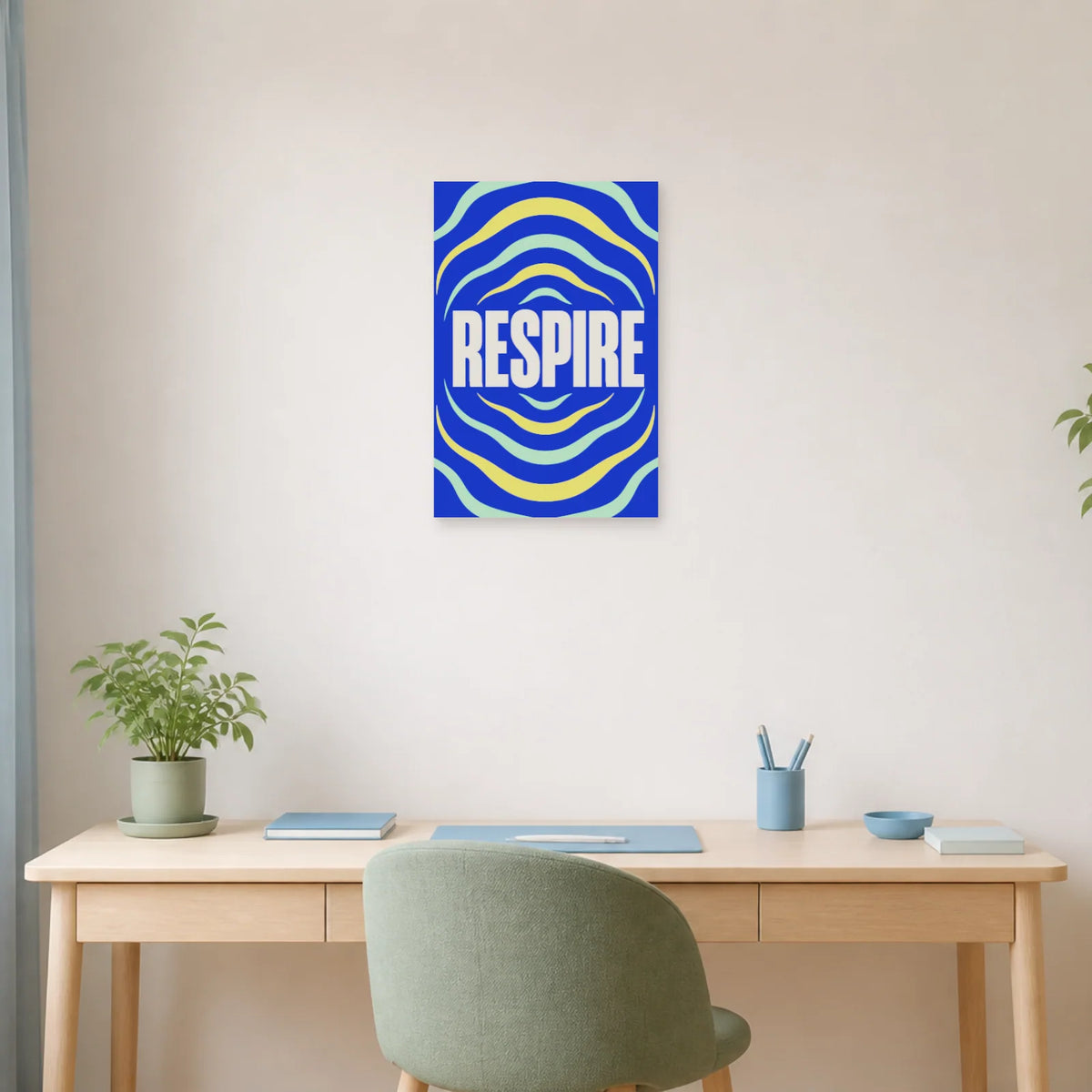 Affiche Respire – Ondes cobalt dans un bureau - Art Virtuoso