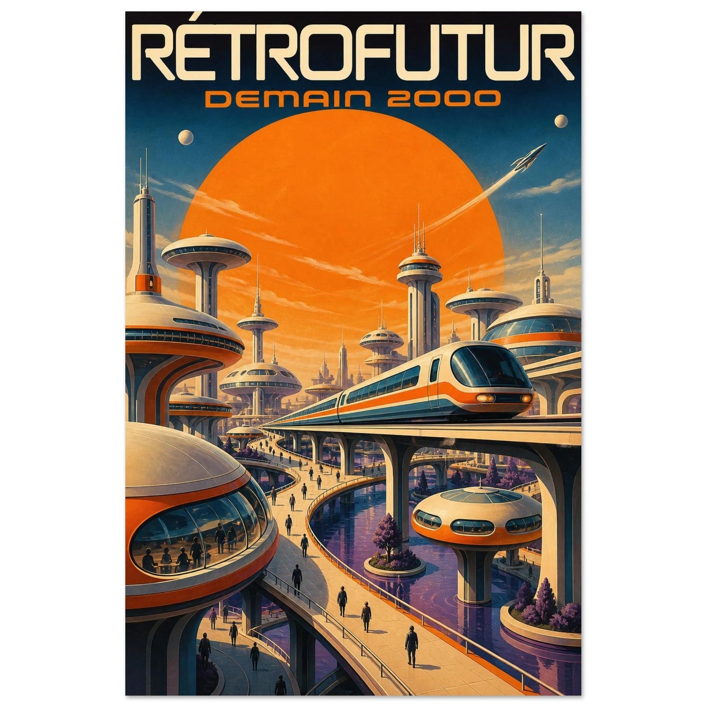 Affiche Rétrofutur – Demain 2000, illustration éditoriale verticale, format 30 × 45 cm