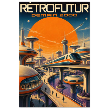 Affiche Rétrofutur – Demain 2000, illustration éditoriale verticale, format 30 × 45 cm