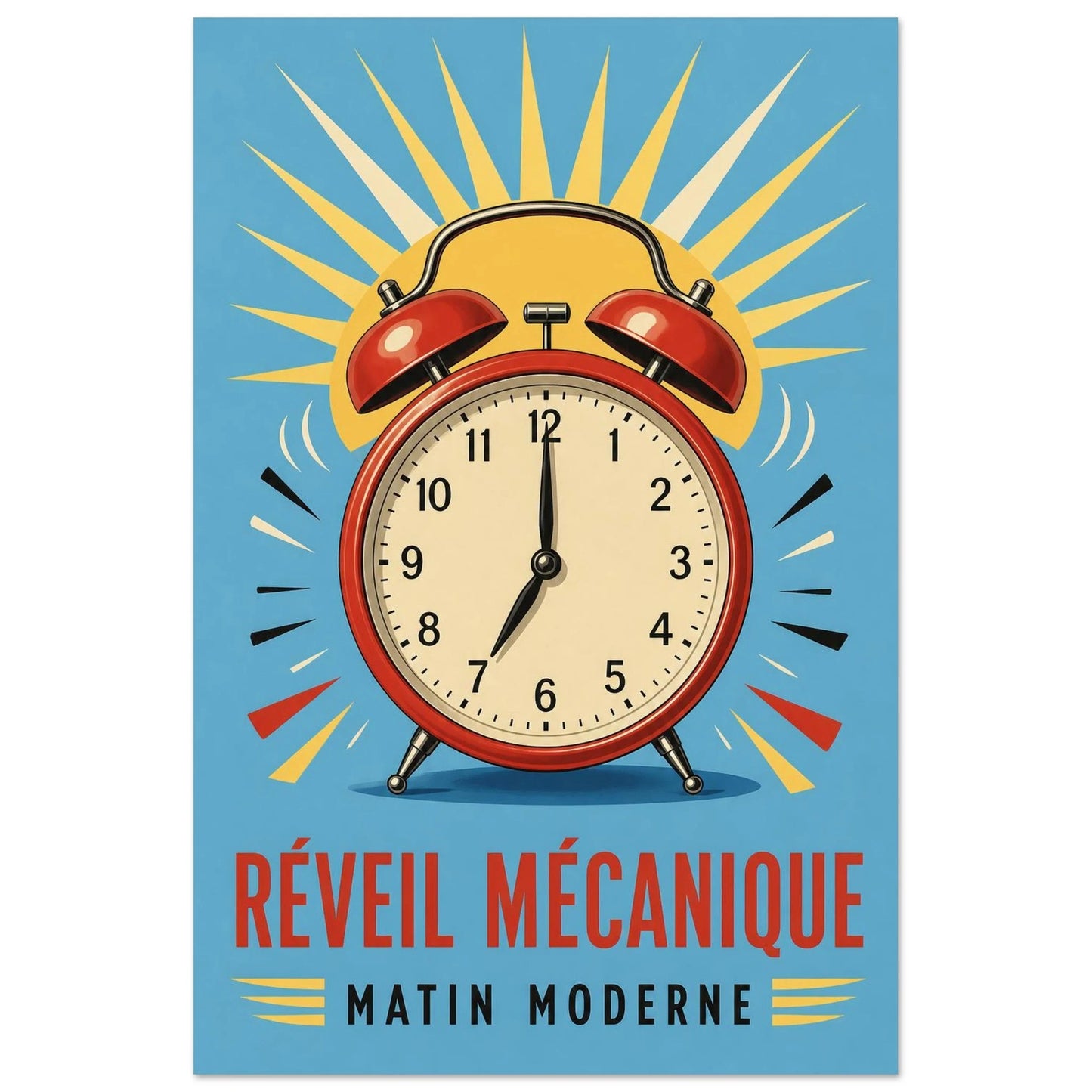 Affiche Réveil Mécanique – Matin Moderne, illustration éditoriale verticale, format 40 × 60 cm