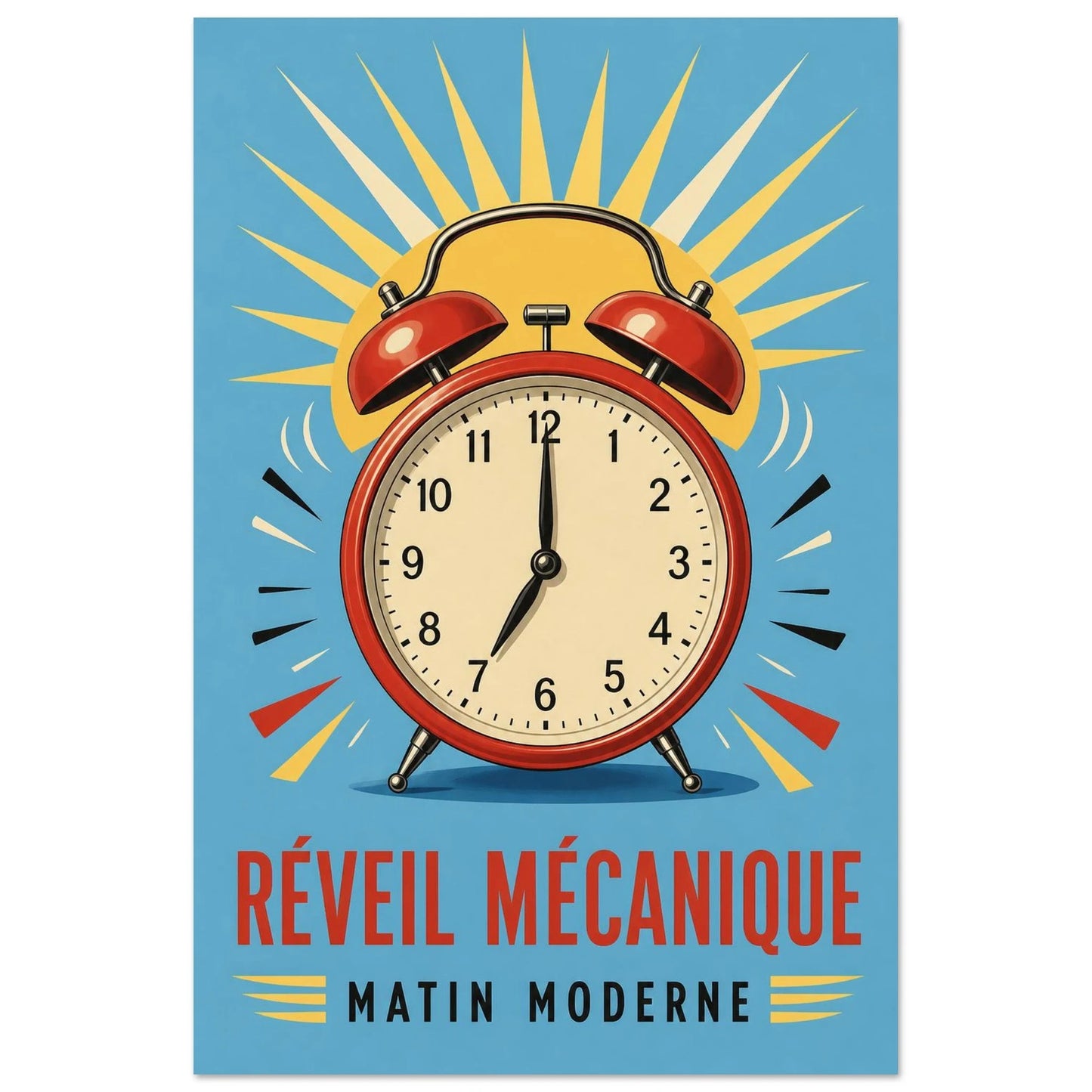 Affiche Réveil Mécanique – Matin Moderne, illustration éditoriale verticale, format 60 × 90 cm
