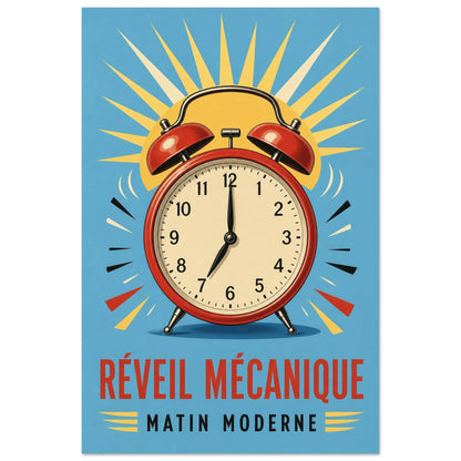 Affiche Réveil Mécanique – Matin Moderne, illustration éditoriale verticale, format 60 × 90 cm